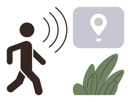 Person walking, broadcasting signal waves beside a location pin and plant elements. Ideal for navigation, geolocation, technology, travel, outdoor activity, communication exploration. Simple flatのイラスト素材