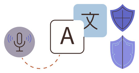 Microphone, letter and character text boxes, and shields represent voice translation, language access, and security. Ideal for communication, technology, protection, AI global access educationのイラスト素材