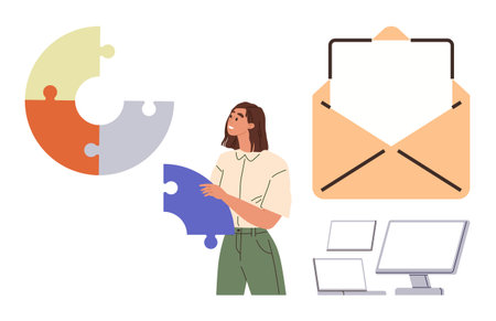 Woman holding puzzle piece, circular puzzle, envelope with paper, computer monitors. Ideal for collaboration, problem-solving, communication, teamwork strategy planning workflow. Simple flatのイラスト素材