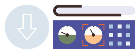 Dashboard setup with dials, keypad, and a download arrow. Ideal for technology, software, data management, monitoring, automation user interface progress tracking. Simple flat metaphorのイラスト素材