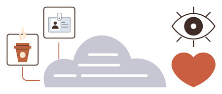 Cloud design, coffee cup, ID badge, open eye, and heart. Ideal for technology, productivity, identity insight connection wellness creativity. Minimal design as simple flat metaphorのイラスト素材
