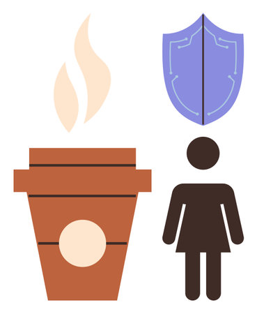 Coffee cup emitting steam next to a shield and a female figure. Ideal for safety, protection, health, relaxation, empowerment, self-care, lifestyle topics. Simple flat metaphorのイラスト素材