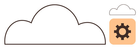 Minimalist cloud outline next to a gear embedded in a square. Ideal for cloud computing, storage, settings, technology, optimization, software, and innovation. Simple flat metaphorのイラスト素材