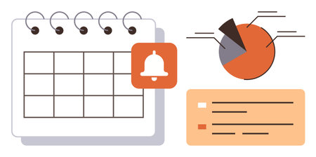 Calendar with planner grid, alert notification bell, pie chart, and task checklist. Ideal for productivity, project tracking, task management, organization, work planning time management simpleのイラスト素材