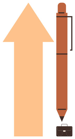 Upward arrow with pen and briefcase symbolizing career growth, success, and professional development. Ideal for business, training, motivation, goal setting, planning, education simple flat metaphorのイラスト素材