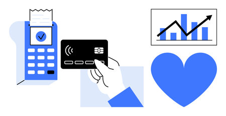 Hand holding card near payment terminal with receipt, growth chart representing progress, and heart icon. Ideal for finance, technology, commerce, analytics, trends, customer service simple landingのイラスト素材
