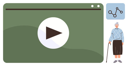 Green media screen with a play button, elderly woman with a cane, small statistics chart icon. Ideal for technology, accessibility, education, streaming, elderly care, digital inclusion simple flatのイラスト素材