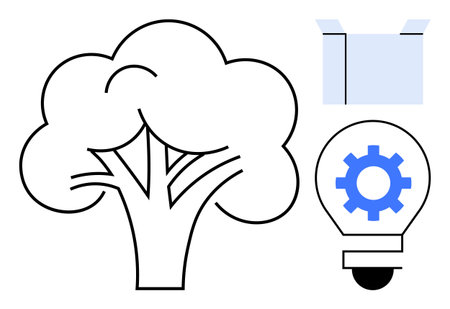Outline of a tree symbolizing nature, a light bulb with a gear for technology and ideas, and a box for thinking outside constraints. Ideal for sustainability, innovation, creativity, eco-friendlyのイラスト素材