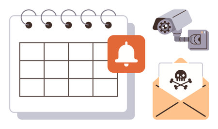 Calendar, notification bell, surveillance camera, and malware warning envelope combine themes of scheduling, alert systems, cybersecurity, data protection, risk management and technology. Idealのイラスト素材