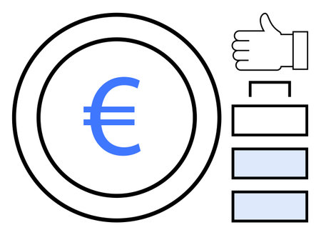 Euro coin with blue symbol, thumbs-up icon, and three progress bars suggesting approval, completion, and financial growth. Ideal for banking, finance, funding, economy success motivation simpleのイラスト素材