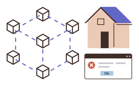 Connected blockchain nodes with a home icon and an error message box, representing digital security, decentralized technology, and system error management. Ideal for technology, blockchainのイラスト素材
