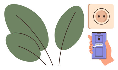 Green leaves, smartphone unlocking a screen, and electric outlet promoting eco-friendly technology, smart living, energy efficiency. Ideal for sustainability, smart home, renewable energy, eco-techのイラスト素材