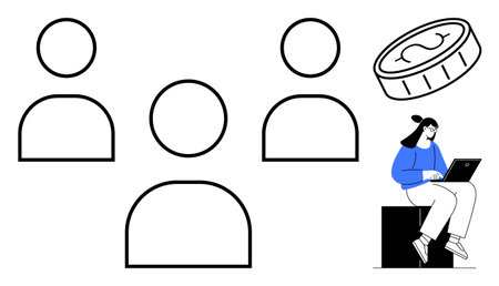 Outlined human icons suggest teamwork, a floating coin represents value or economy, and a seated woman works on a laptop. Ideal for teamwork, remote work, investment, collaboration, freelanceのイラスト素材
