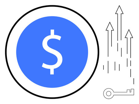 Blue coin with dollar sign inside a circle, arrows pointing up signifying growth, and key symbolizing access or solutions. Ideal for finance, success, investments, growth, economy, opportunitiesのイラスト素材