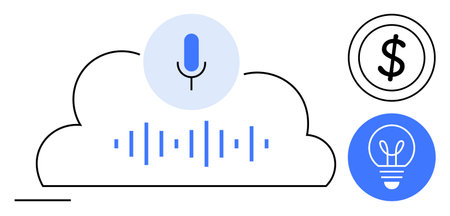 Microphone above cloud, soundwave lines, dollar symbol, light bulb inside blue circle. Ideal for AI solutions, voice control, cloud service, tech innovation, financial tools creative ideas simpleのイラスト素材