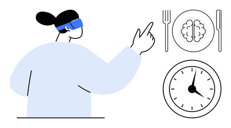 Person wearing VR glasses pointing at a concept showing a brain on a plate with cutlery and an analog clock. Ideal for technology, innovation, time, learning, food, health, futurism. Simple flatのイラスト素材