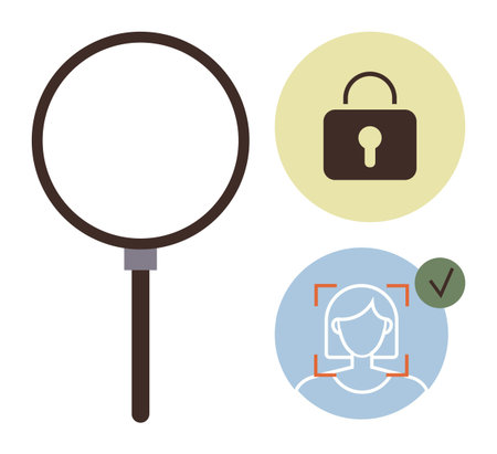 Magnifying glass, secure lock, and facial recognition in modern flat design. Ideal for search, privacy, cybersecurity, identity, authentication technology data protection. A simple flat metaphorのイラスト素材