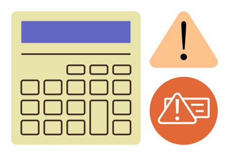 Large calculator with numerical buttons, yellow triangle with exclamation mark, orange circle with alert. Ideal for finance, accounting, risk, error, warning, troubleshooting simple flat metaphorのイラスト素材