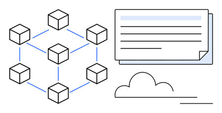 Connected cubes representing a blockchain network with data exchange shown via text panels and cloud. Ideal for blockchain, data sharing, cloud computing, networking, digital ledger, databaseのイラスト素材