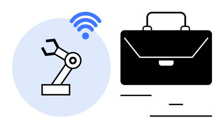 Robotic arm with wireless waves and a briefcase, illustrating technology, automation, and business integration. Ideal for innovation, IoT, robotics, automation, business tech solutions simpleのイラスト素材