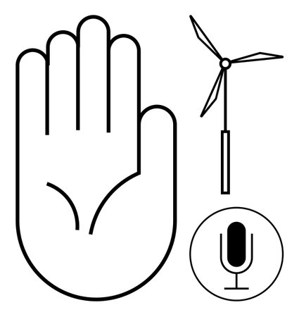 Hand outline paired with a wind turbine and microphone promotes themes of sustainability, innovation, energy, clean technology, communication, renewable resources. Ideal for environmental campaignsのイラスト素材