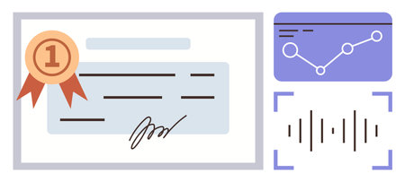 Certificate with award ribbon, analytics graph, and soundwave visual. Ideal for success, achievement, recognition, validation, analysis education and data concepts. Clean flat design metaphorのイラスト素材
