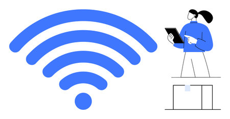 Large blue wireless symbol with a woman holding a tablet standing near a doorway. Ideal for technology, communication, network, internet, business, education, simple landing pageのイラスト素材