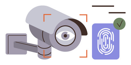 Surveillance camera monitoring alongside a fingerprint scanner indicating biometric verification....