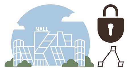 Contemporary mall exterior with stylized glass panels, padlock signifying data protection and encryption. Ideal for retail safety, cybersecurity, property management, e-commerce, technology, urbanのイラスト素材