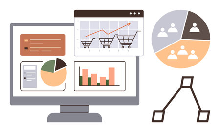 Computer screen displaying e-commerce graphs, pie charts, bar charts, and insights beside workflow diagram and segmented team chart. Ideal for data analysis, e-commerce trends, marketing, workflowのイラスト素材