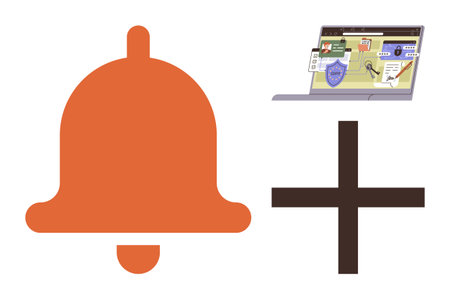 Orange notification bell beside a laptop with security-themed content, showcasing communication and alert concepts. Ideal for productivity, alerts, cybersecurity, technology, notifications, teamwork