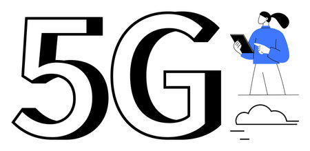 Bold 5G text with person using tablet, representing advanced connectivity, data sharing, and cloud technology. Ideal for technology, innovation, communication, progress, network speed simpleのイラスト素材