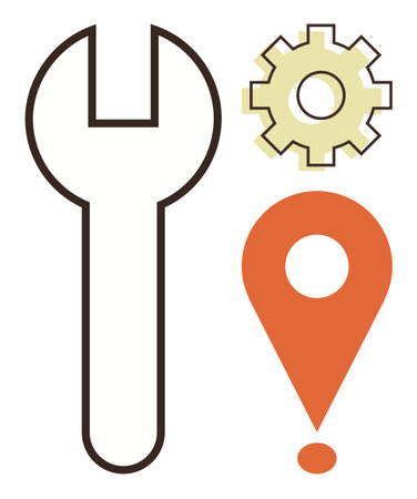 Large wrench, gear, and pin marker indicating maintenance, configuration, and geographic pinpointing. Ideal for technology, repair, navigation industry strategy workflow and service. Simple flatのイラスト素材