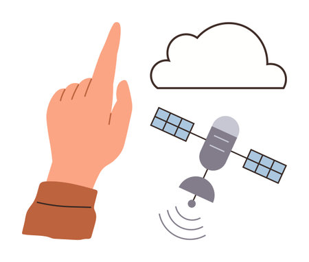 Hand reaching toward cloud with orbiting satellite emitting waves. Ideal for technology, internet, connectivity, cloud computing, data transfer, global communication, innovation. Simple flat metaphorのイラスト素材