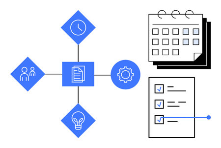 Task planning network connecting a document, clock, settings, people, and light bulb icons. Right...