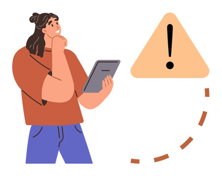 Woman holding tablet, pondering warning sign with exclamation mark. Ideal for problem-solving, caution, tech issues, decision-making, risk, awareness prioritization. Clear simple flat metaphorのイラスト素材