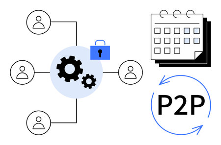Network of users connected by gears, highlighting process automation, secure access, scheduling calendar, and P2P exchange. Ideal for teamwork, collaboration, security, project management fintechのイラスト素材