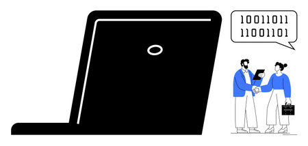 Oversized laptop beside two professionals examining a tablet and binary code communication. Ideal for technology, digital work, collaboration, innovation, data sharing, teamwork, simple flat metaphorのイラスト素材