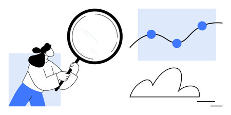 Person holding magnifying glass examining a growth line chart with data points and cloud. Ideal for analytics, research, data analysis, business growth, innovation, strategy, exploration. Simple flatのイラスト素材
