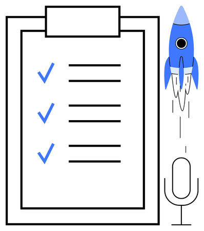 Blue rocket launching beside task checklist with completed items and microphone. Ideal for productivity, innovation, creative planning, goal setting, progress, leadership ideas, startup strategyのイラスト素材
