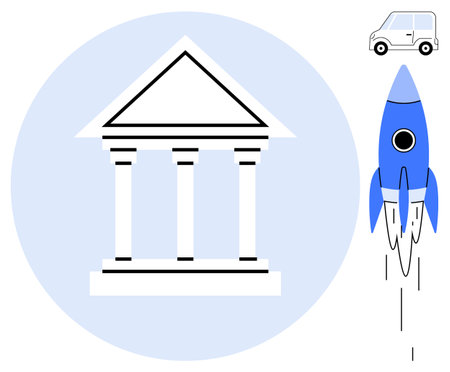 Greek-style temple with columns at the center, blue rocket launching on the right, and small car above. Ideal for progress, innovation, tradition, technology, finance, education simple flat metaphorのイラスト素材