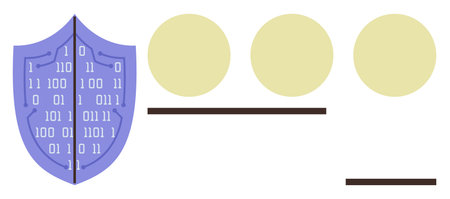 Shield with binary code on its surface beside abstract circles and lines. Ideal for cybersecurity, data protection, encryption, digital privacy, IT security, technology, digital defense. A simpleのイラスト素材