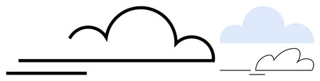 Black line-art cloud contrasted with small blue counterpart and lines suggesting motion or distance. Ideal for weather, nature, simplicity, minimalism, graphics, metaphors, balance. Clean flatのイラスト素材