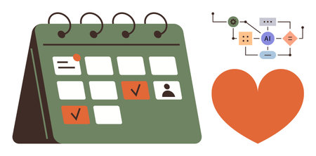 Standing desk calendar with marked dates, AI flow chart, and heart icon. Ideal for scheduling, technology, automation, planning, organization healthcare multitasking. Simple flat metaphorのイラスト素材