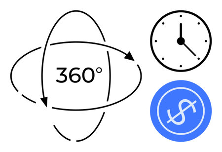 Circular arrows around 360-degree symbol, analog clock, and dollar sign suggest efficiency, time management, financial turnover, business strategy. Ideal for productivity, planning, growthのイラスト素材