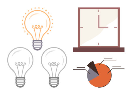Three light bulbs symbolizing creativity, a clock indicating time management, and a pie chart for data analysis. Ideal for innovation, productivity, planning, deadlines, teamwork, brainstormingのイラスト素材
