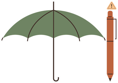 Green curved umbrella beside a safety orange pen with alert triangle. Ideal for safety messaging, outdoor themes, weather, protection, alert design, risk communication, and a simple flat metaphorのイラスト素材