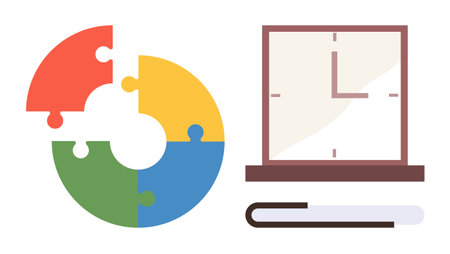 Four-piece colorful puzzle representing teamwork beside a clock and book. Ideal for productivity, planning, prioritization, goal setting, education, organization, and learning. Simple flat metaphorのイラスト素材