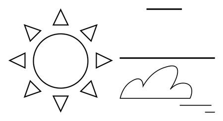 Abstract geometric sun with triangular rays, outlined cloud, and horizontal lines evoking a serene daytime scene. Ideal for weather, nature, climate, simplicity, environment, tranquility simpleのイラスト素材
