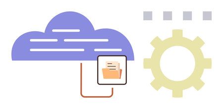 Cloud with linked file folder, gear icon, and grid shapes highlighting data storage, automation, technology, digital workflow. Ideal for cloud computing, file sharing, IT efficiency organizationのイラスト素材
